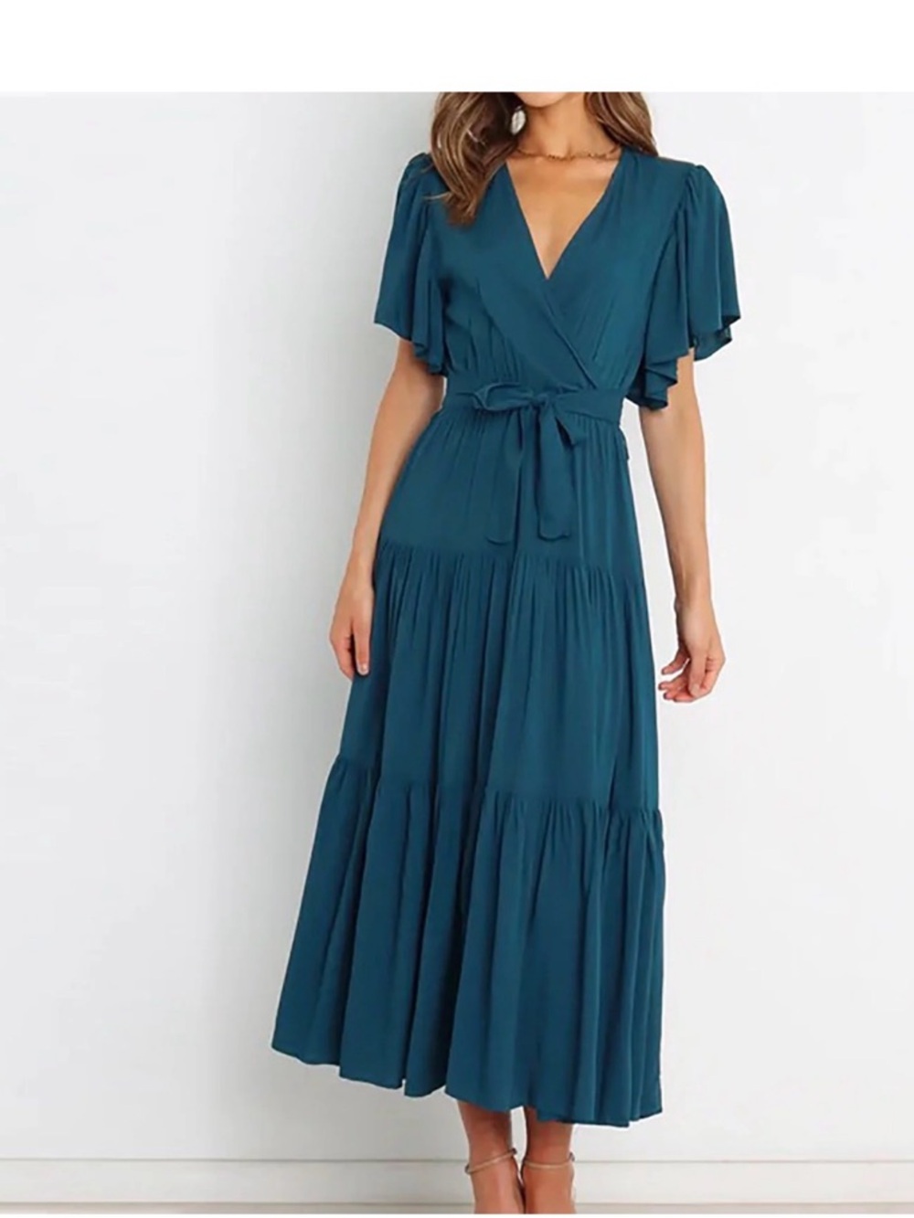 Deep Teal Wrap Maxi Dress with Tie Waist